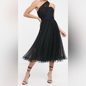 ASOS DESIGN one shoulder tulle wired hem midi dress in black. Size 0. NWT